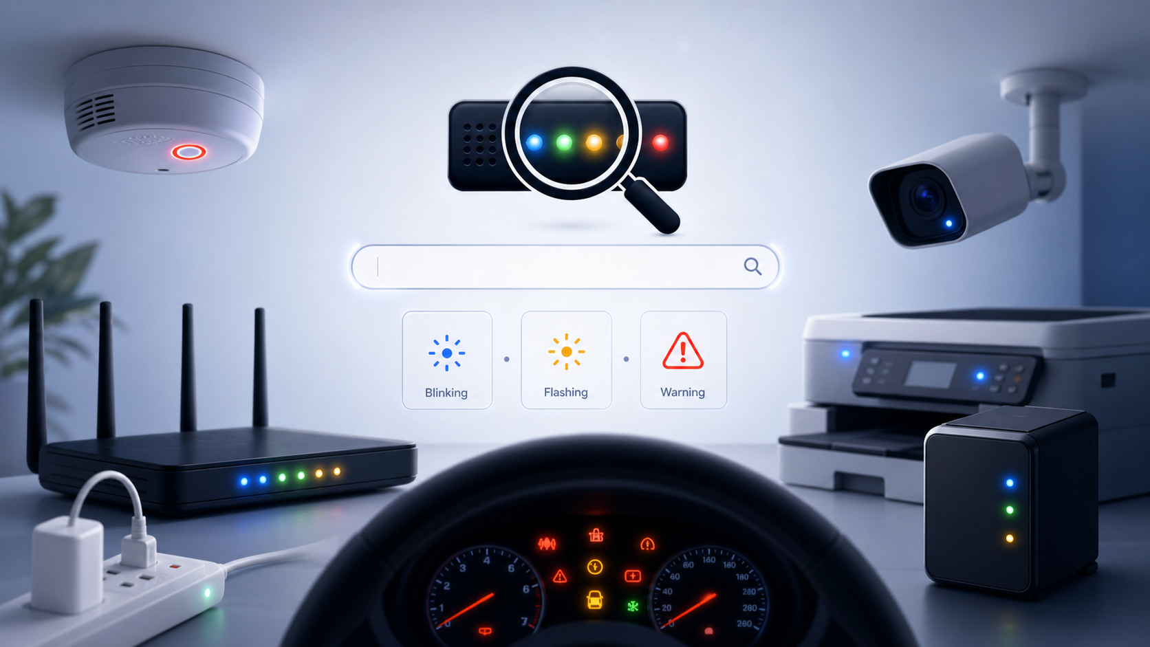 Illustration of everyday devices with colored warning and status lights